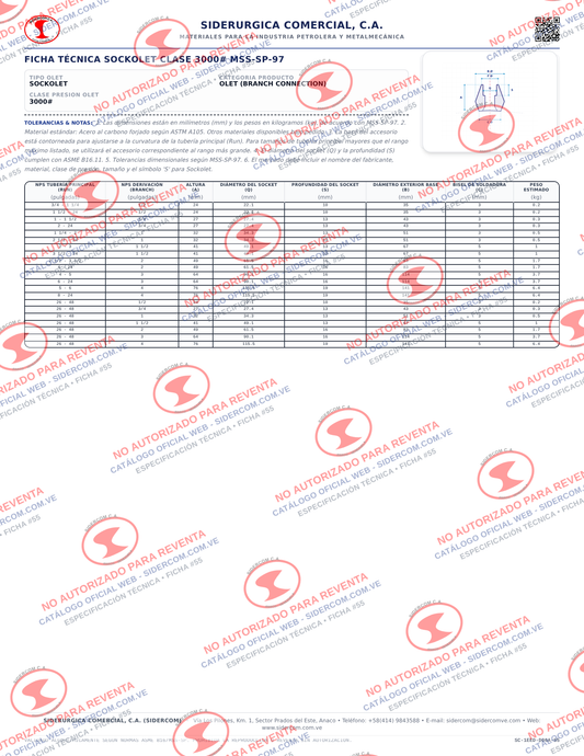 Sockolet de 1 1/2" para Tubería de 16", Clase 3000, Socket Weld, Acero al Carbono A105, MSS-SP-97
