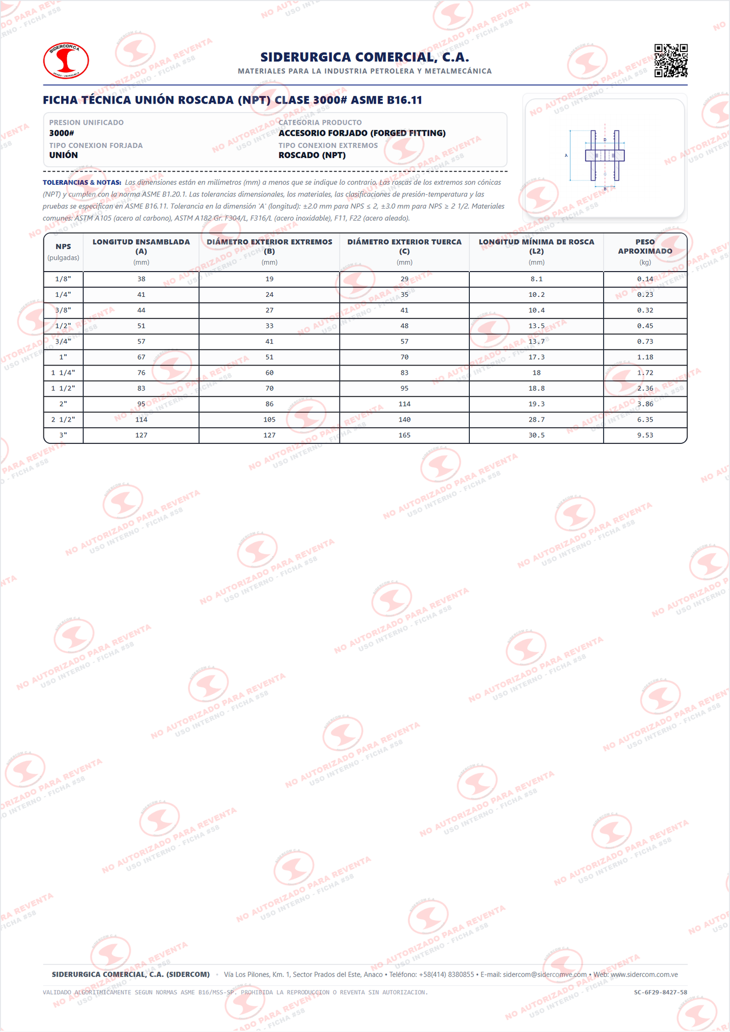 Unión Roscada (NPT) de 1 1/4", Acero al Carbono A105, Clase 3000, ASME B16.11