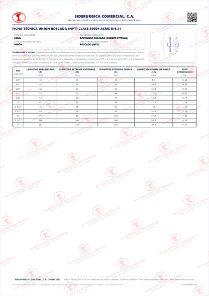 Unión Roscada (NPT) de 1 1/4", Acero al Carbono A105, Clase 3000, ASME B16.11