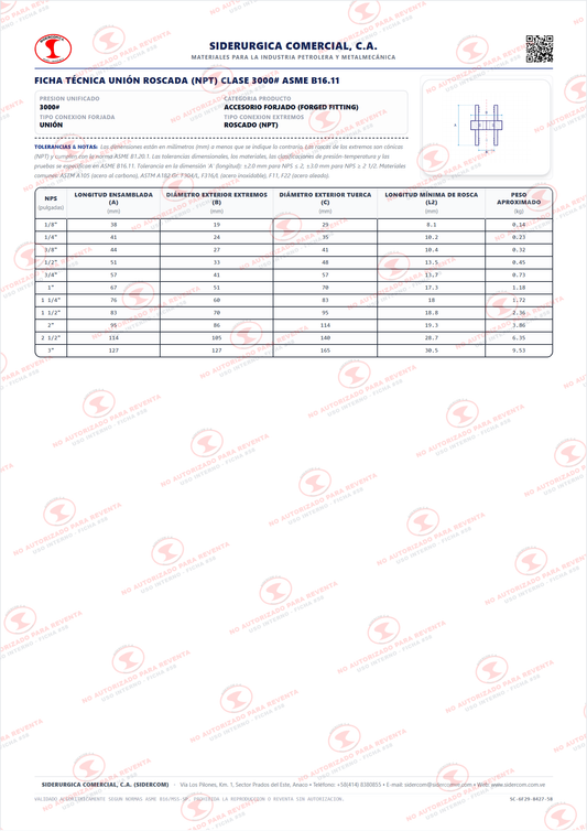 Unión Roscada (NPT) de 1/2", Acero al Carbono A105, Clase 3000, ASME B16.11