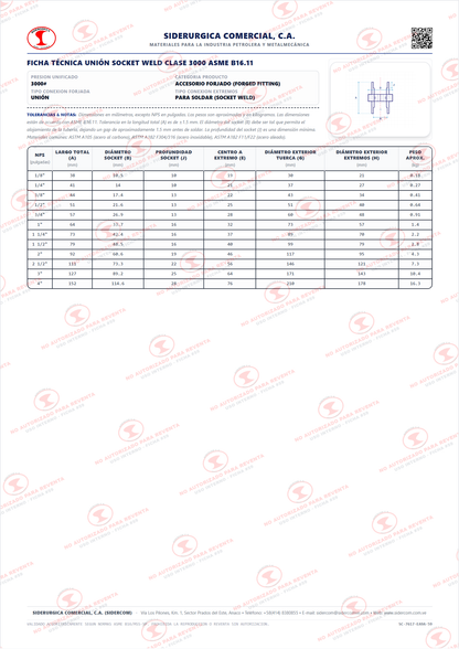 Unión para Soldar (SW) de 2 1/2", Acero al Carbono A105, Clase 3000, ASME B16.11