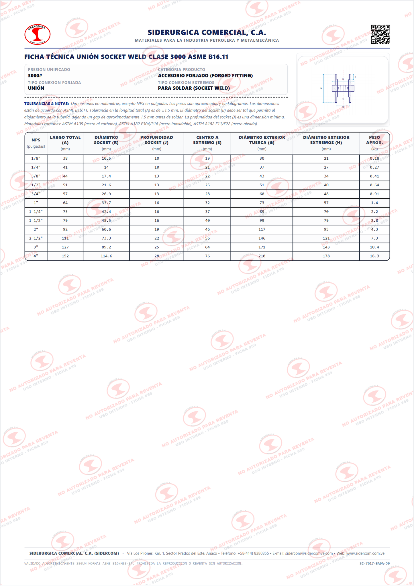 Unión para Soldar (SW) de 1 1/2", Acero al Carbono A105, Clase 3000, ASME B16.11