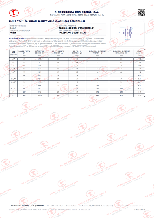 Unión para Soldar (Socket Weld) de 1 1/2", Acero al Carbono para Baja Temperatura A350-LF2, Clase 3000, ASME B16.11