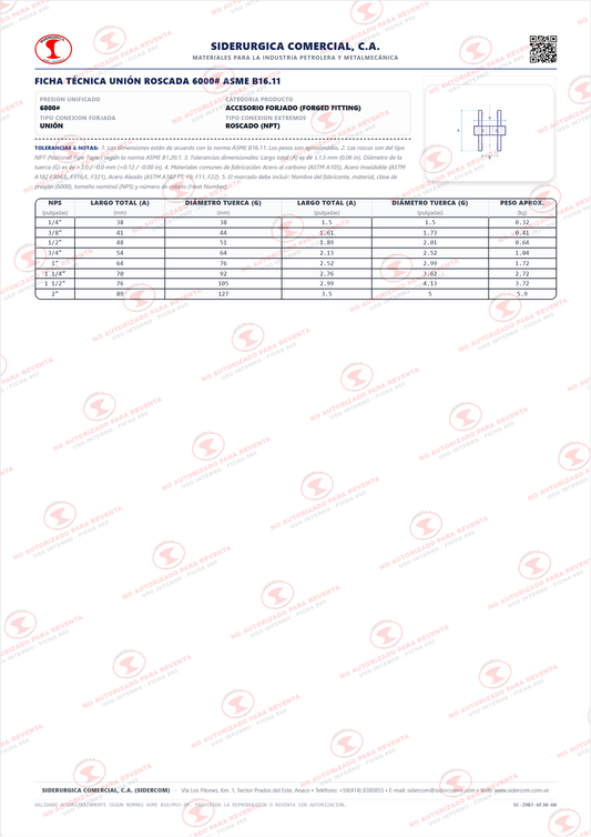 Unión Roscada (NPT) de 1 1/2", Acero al Carbono A105, Clase 6000, ASME B16.11