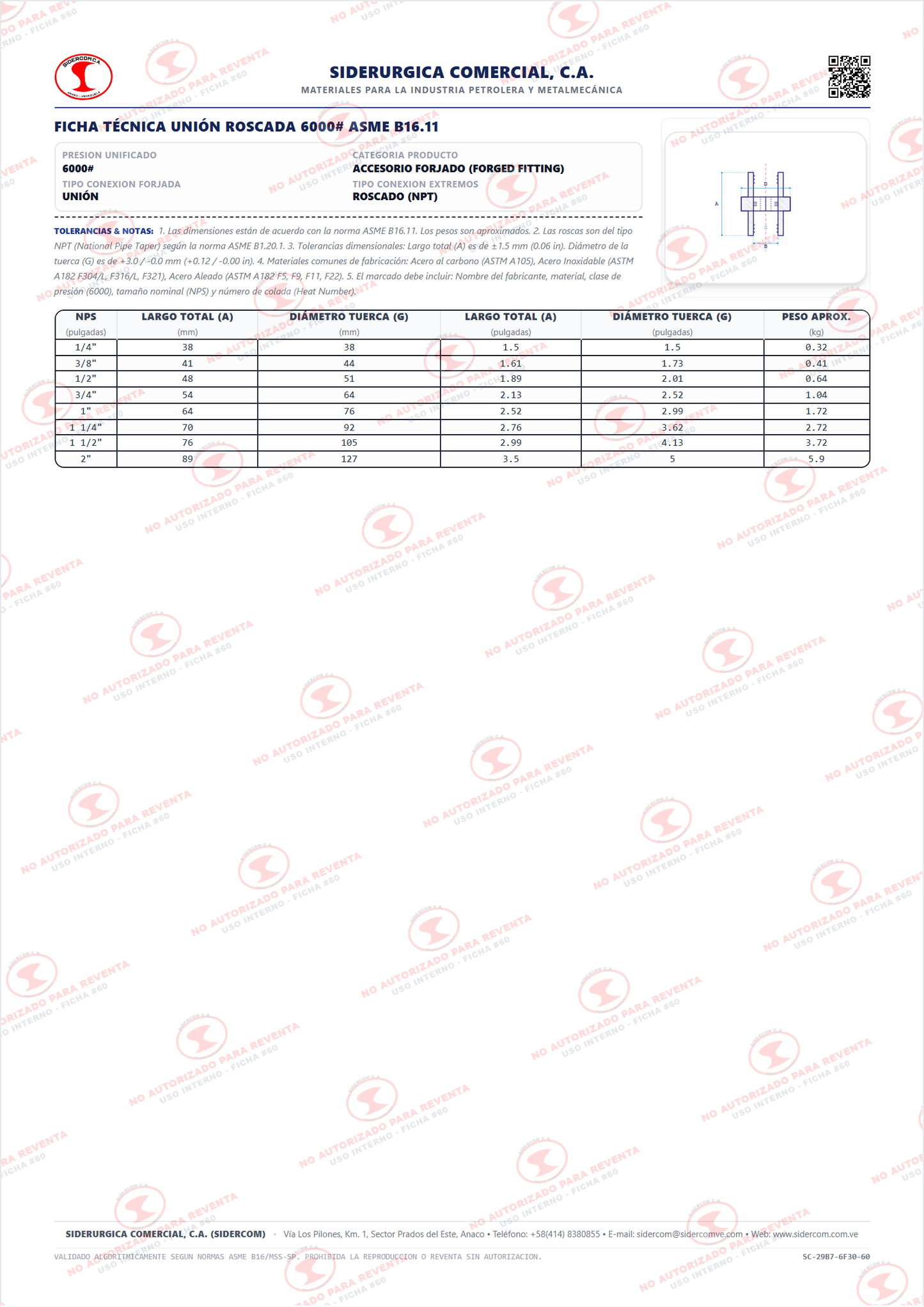 Unión Roscada (NPT) de 2", Acero al Carbono A105, Clase 6000, ASME B16.11