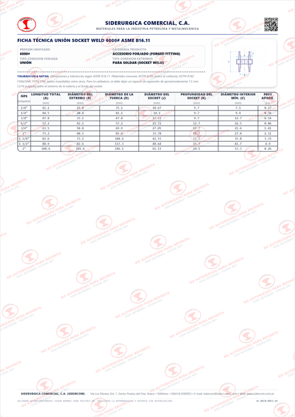 Unión para Soldar (SW) de 1 1/2", Acero al Carbono A105, Clase 6000, ASME B16.11