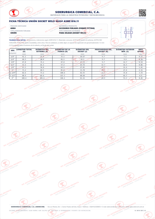 Unión para Soldar (SW) de 2", Acero al Carbono A105, Clase 6000, ASME B16.11