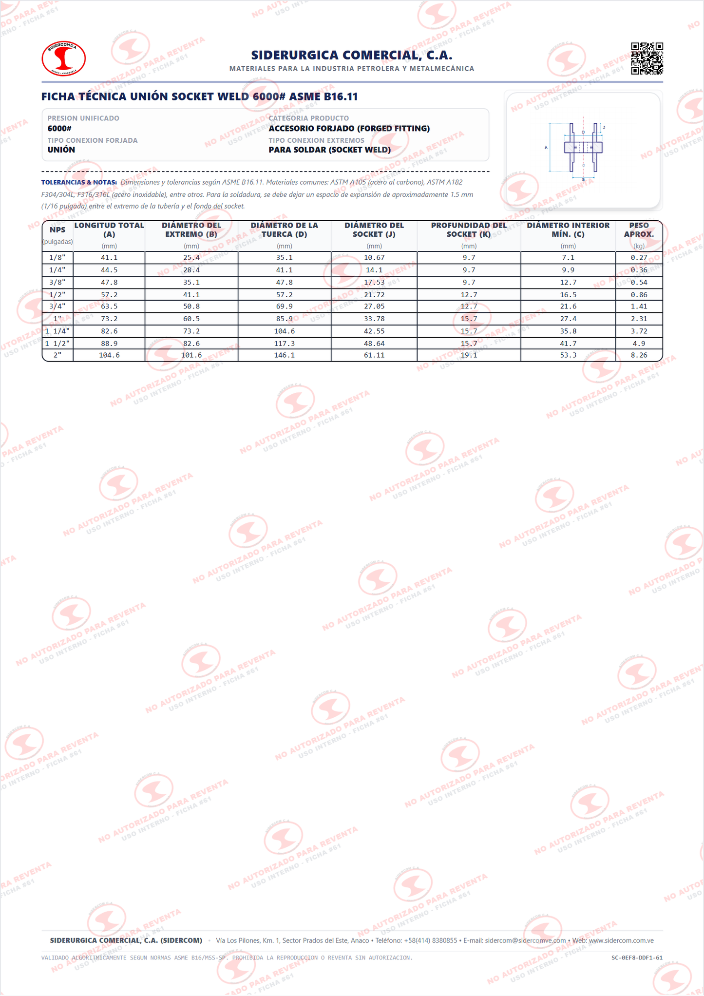 Unión para Soldar (SW) de 3/4", Acero al Carbono A105, Clase 6000, ASME B16.11