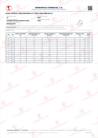 Codo 45° Roscado (NPT) de 1", Acero al Carbono A105, Clase 3000, ASME B16.11