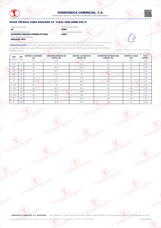 Codo 45° Roscado (NPT) de 1 1/4", Acero al Carbono A105, Clase 3000#, ASME B16.11
