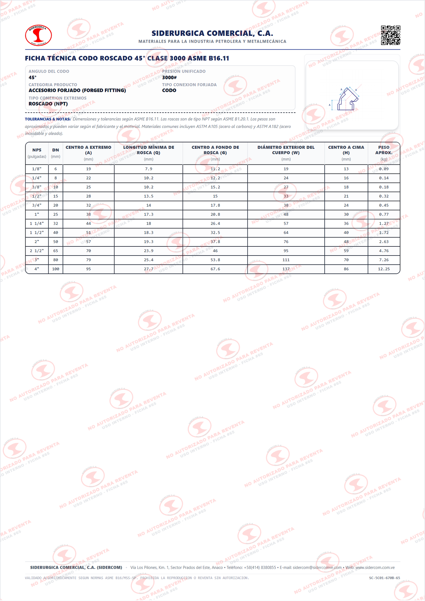 Codo 45° Roscado (NPT) de 1 1/2", Acero al Carbono A105, Clase 3000, ASME B16.11