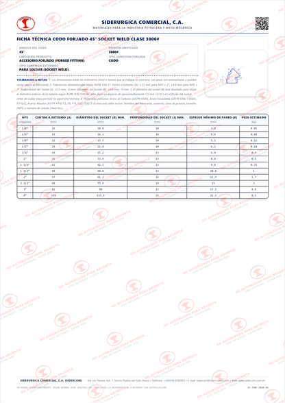 Codo 45° Soldadura por Enchufe (Socket Weld) de 2", Clase 3000, Acero al Carbono A105, ASME B16.11