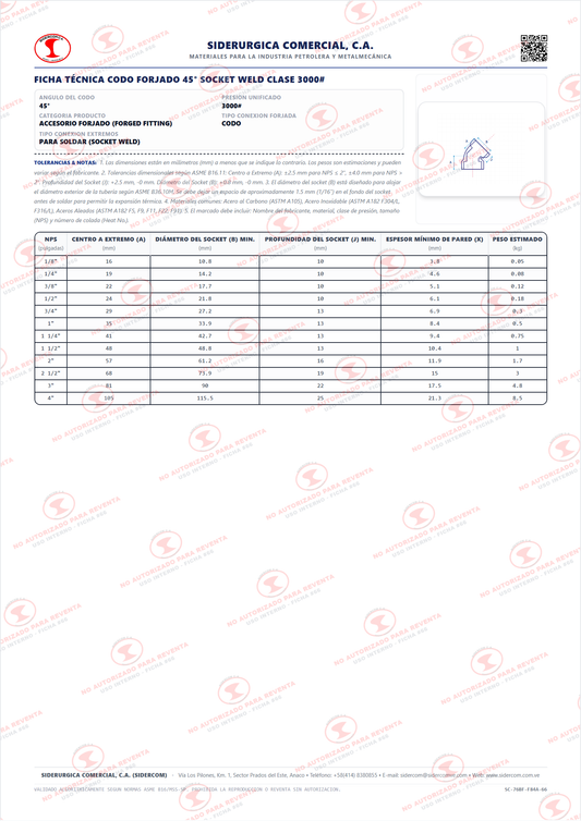 Codo 45° Soldadura por Enchufe (Socket Weld) de 1/2", Acero al Carbono A105, Clase 3000, ASME B16.11