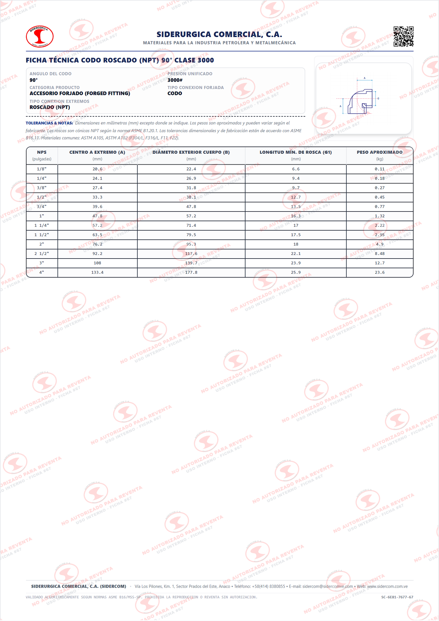 Codo 90° Roscado (NPT) de 1/4", Acero al Carbono A105, Clase 3000, ASME B16.11