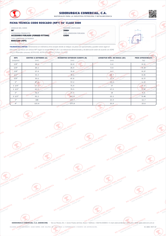 Codo 90° Roscado (NPT) de 1 1/2", Acero al Carbono A105 Galvanizado, Clase 3000, ASME B16.11
