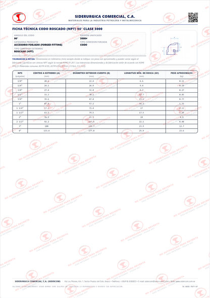 Codo 90° de 4", Acero al Carbono A105, Clase 3000, Roscado (NPT), ASME B16.11