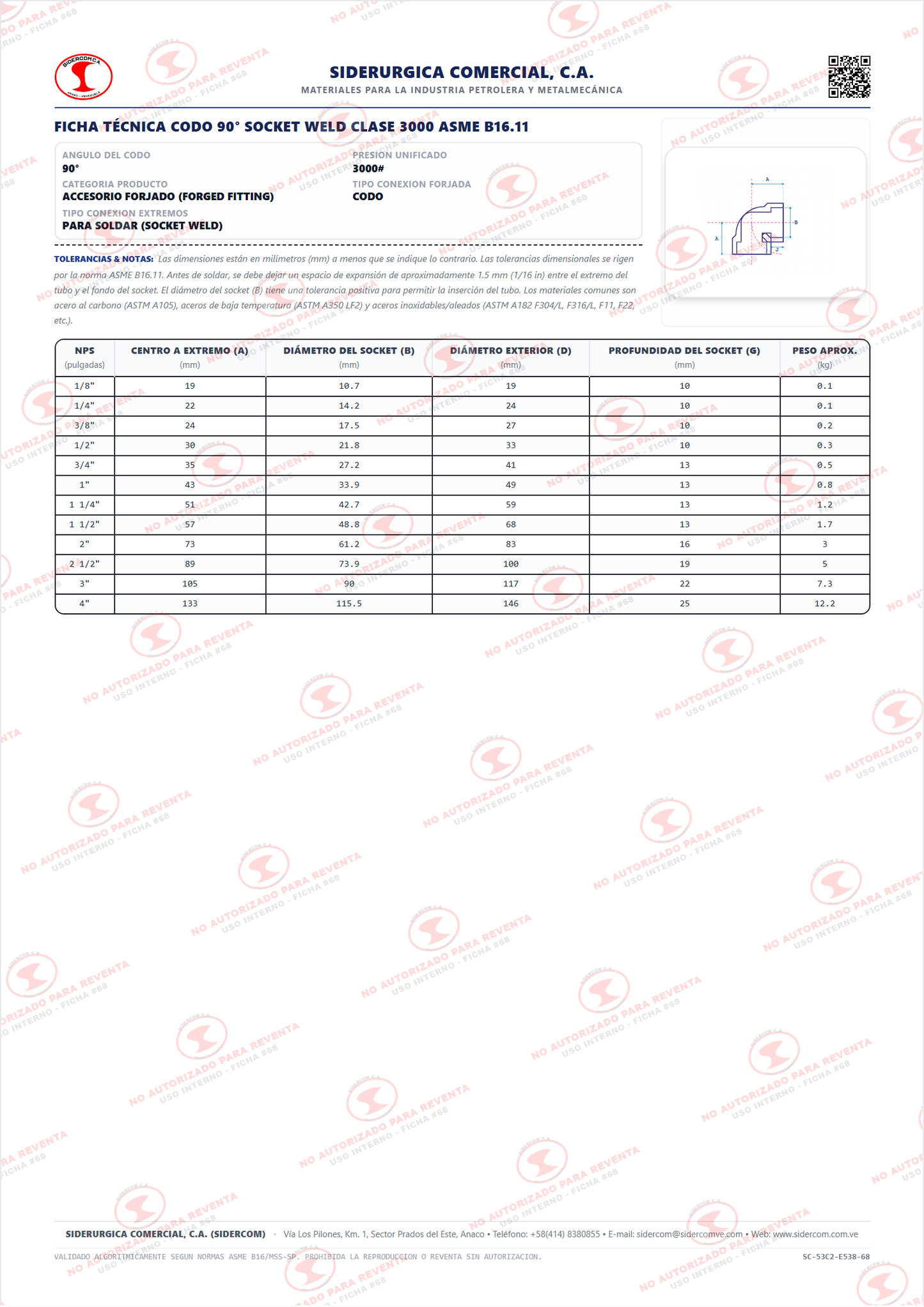 Codo 90° Soldadura por Enchufe (Socket Weld) de 1", Acero Inoxidable 304L, Clase 3000, ASME B16.11