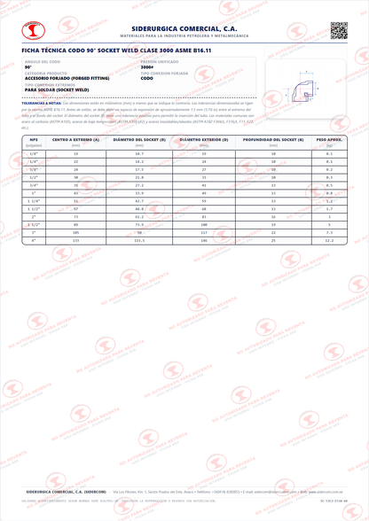 Codo 90° Soldadura por Enchufe (Socket Weld) de 1", Acero Inoxidable 304L, Clase 3000, ASME B16.11