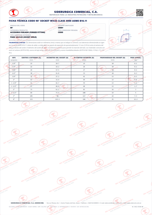 Codo 90° Soldadura por Enchufe (Socket Weld) de 2 1/2", Clase 3000, Acero al Carbono A105, ASME B16.11