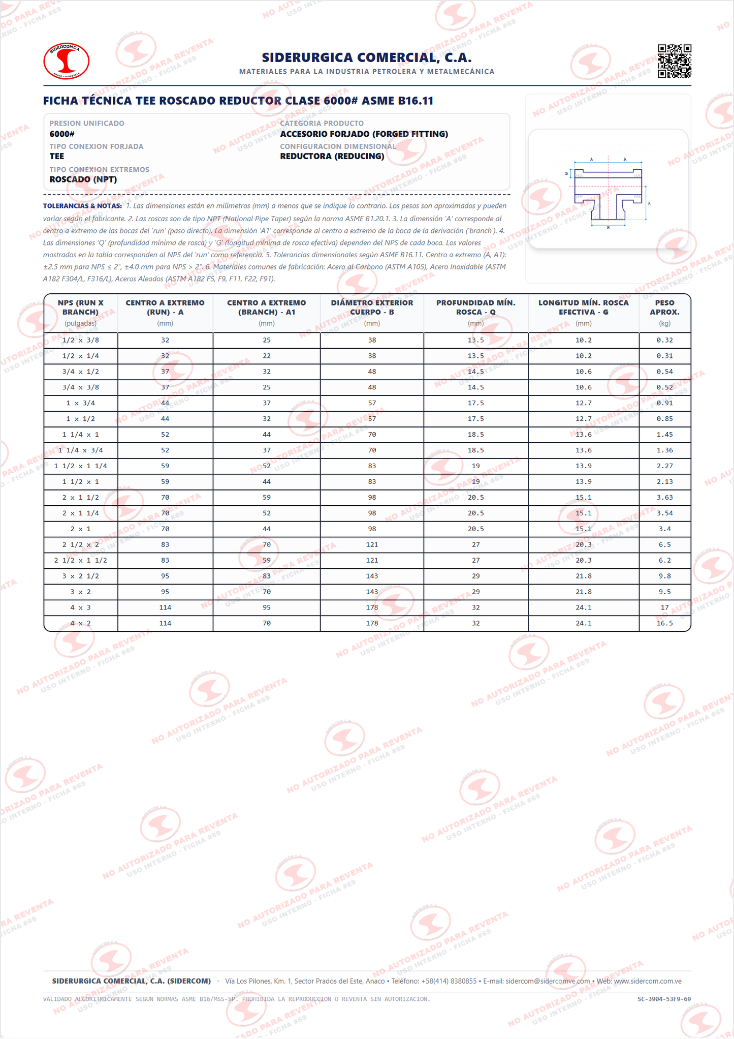Tee Reductora Roscada (NPT) de 1 1/2" x 1 1/4", Acero al Carbono A105, Clase 6000, ASME B16.11