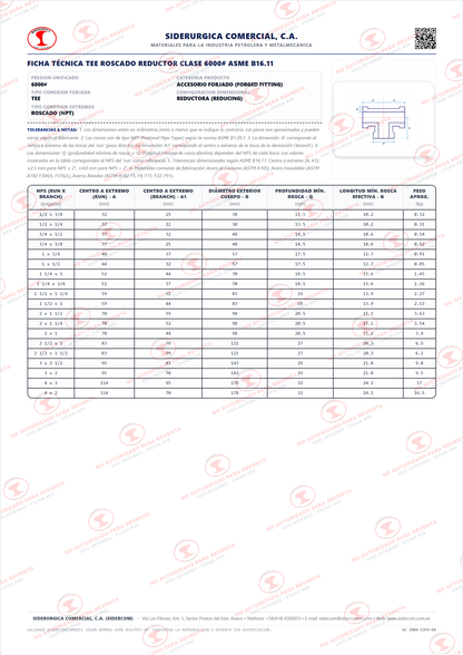 Tee Reductora Roscada (NPT) de 1 1/2" x 3/4", Acero al Carbono A105, Clase 6000, ASME B16.11