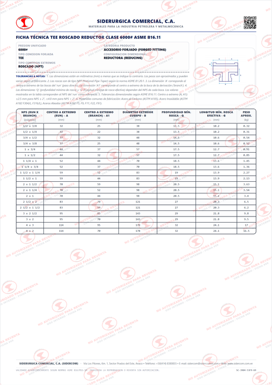Tee Reductora Roscada (NPT) de 1 1/2" x 3/4", Acero al Carbono A105, Clase 6000, ASME B16.11