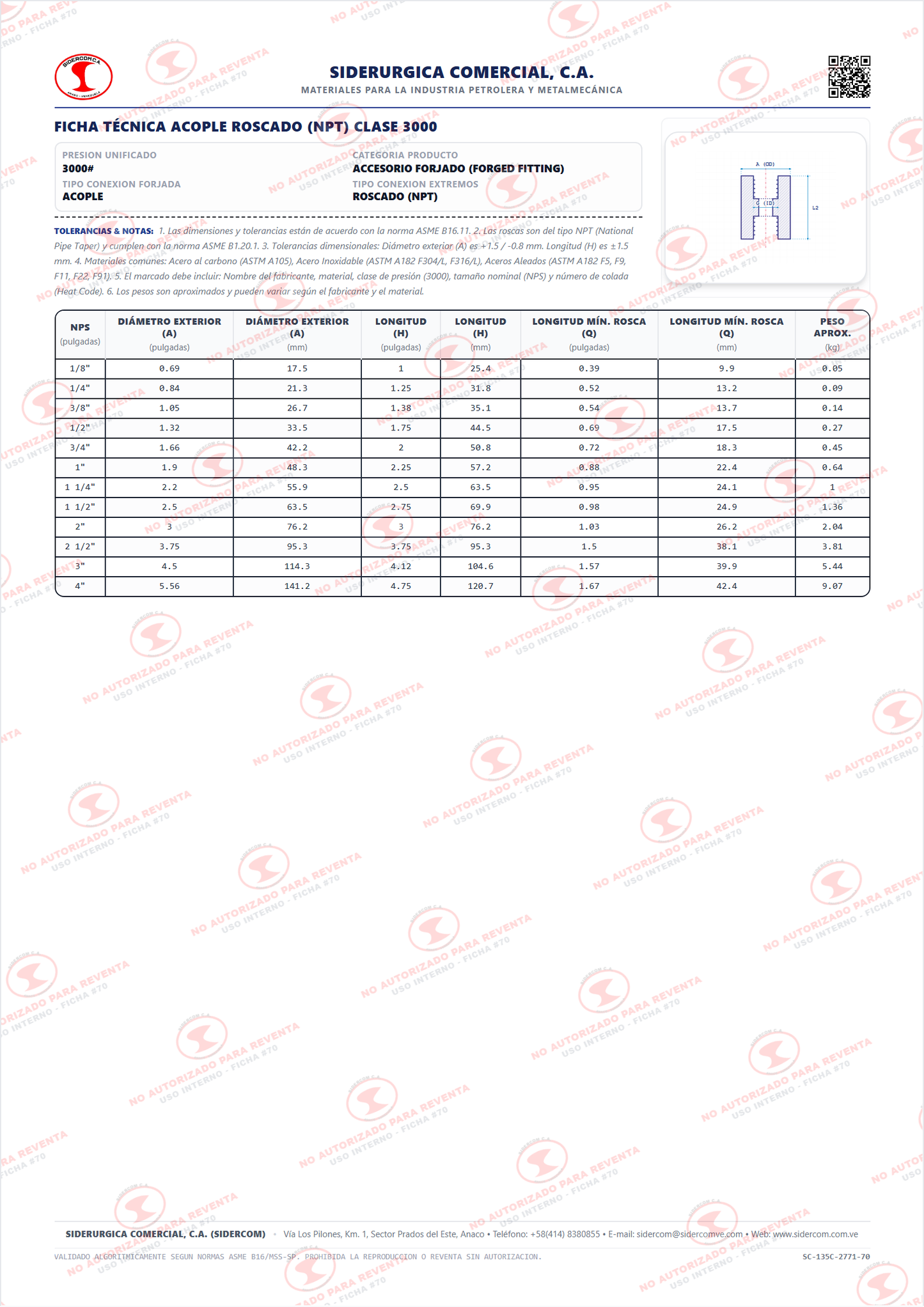 Acople Roscado (NPT) de 3", Acero al Carbono A105, Clase 3000, ASME B16.11