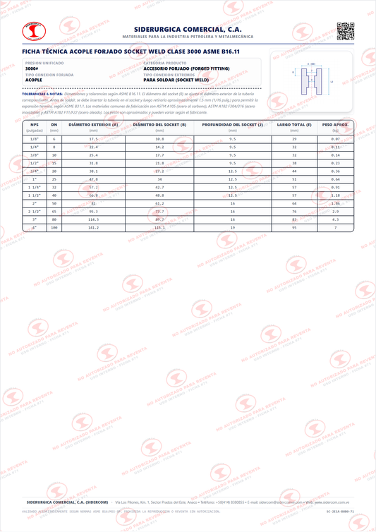 Acople de 2", Acero al Carbono A105, Clase 3000, Para Soldar (SW), ASME B16.11