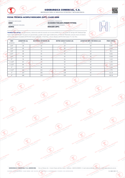 Acople Roscado (NPT) de 1/2", Acero al Carbono A105, Clase 6000#, ASME B16.11
