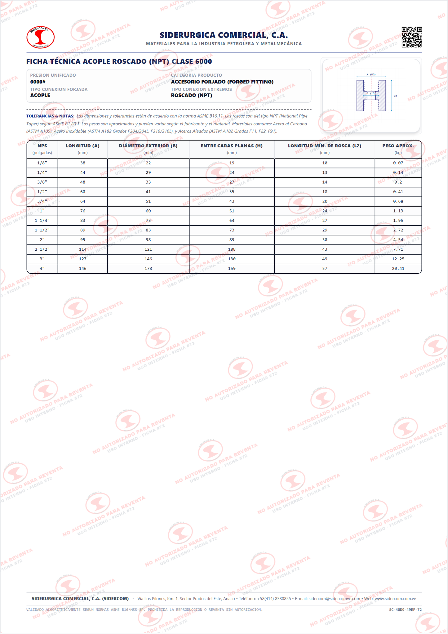 Acople Roscado (NPT) de 1", Acero al Carbono A105, Clase 6000, ASME B16.11