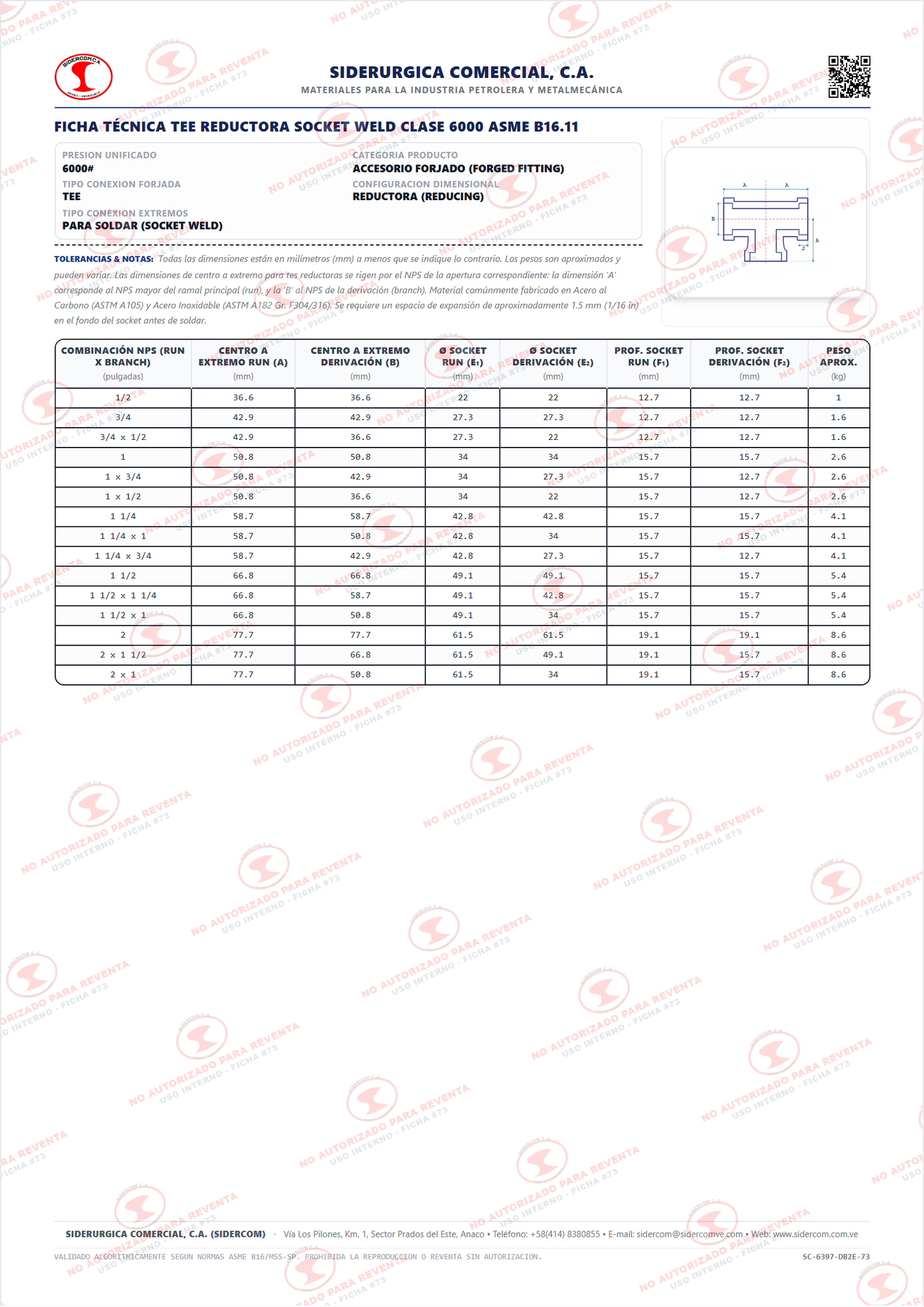 Tee Reductora de 2" x 1/2", Acero al Carbono A105, Clase 6000#, Socket Weld (SW), ASME B16.11