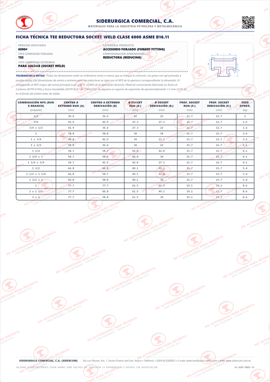 Tee Reductora Socket Weld (SW) de 1" x 3/4", Acero al Carbono A105, Clase 6000#, ASME B16.11