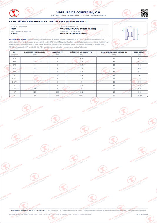 Acople para Soldar (SW) de 1 1/2", Acero al Carbono A105, Clase 6000#, ASME B16.11