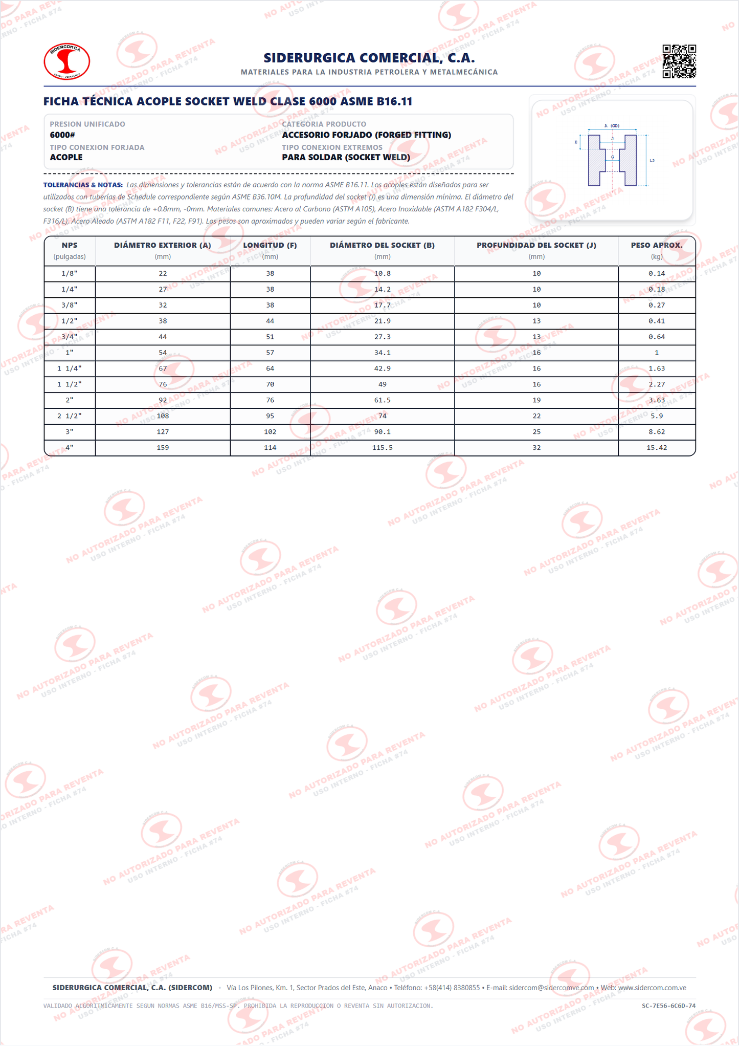 Acople para Soldar (SW) de 1", Acero al Carbono A105, Clase 6000, ASME B16.11