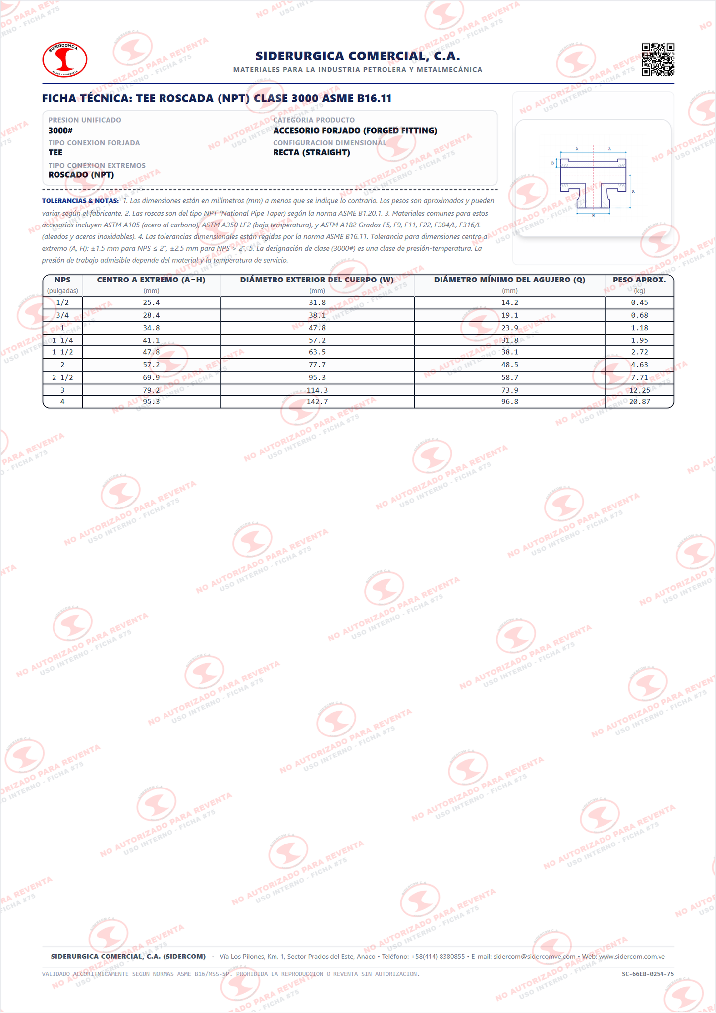 Tee Recta Roscada (NPT) de 1/4", Acero al Carbono A105, Clase 3000, ASME B16.11