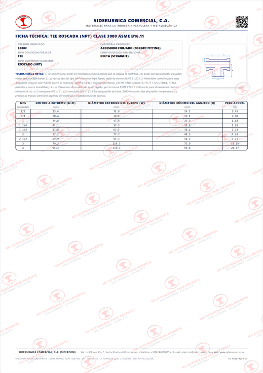 Tee Recta Roscada (NPT) de 1 1/4", Acero al Carbono A105, Clase 3000, ASME B16.11
