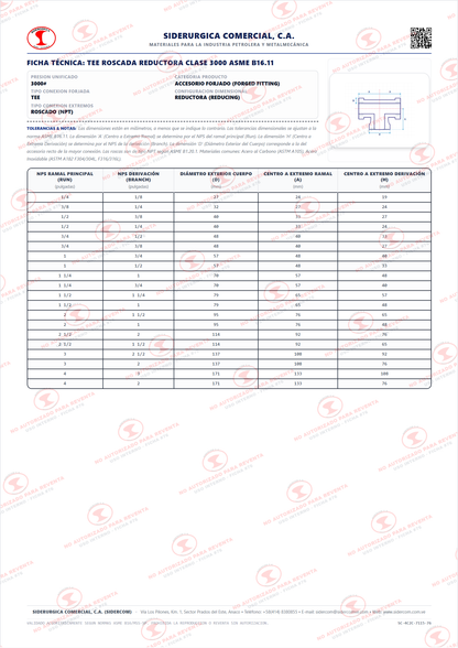 Tee Reductora Roscada (NPT) de 1 1/2" x 1", Acero al Carbono A105, Clase 3000#, Galvanizada, ASME B16.11