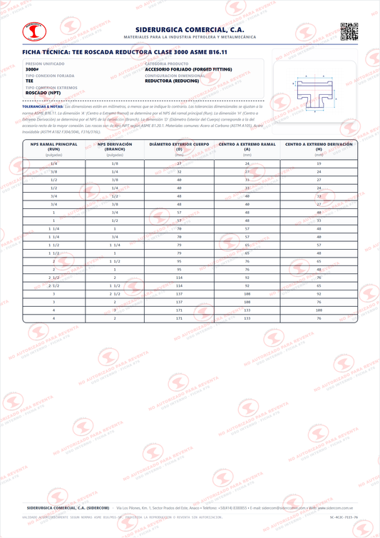 Tee Reductora Roscada (NPT) de 1 1/2" x 3/4", Acero al Carbono A105, Clase 3000, ASME B16.11