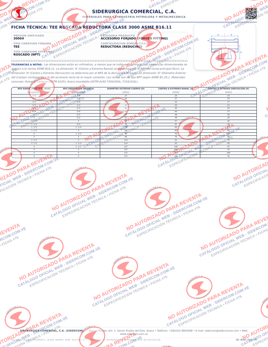 Tee Reductora Roscada (NPT) de 2" x 1 1/2", Clase 3000, Acero al Carbono A105, ASME B16.11