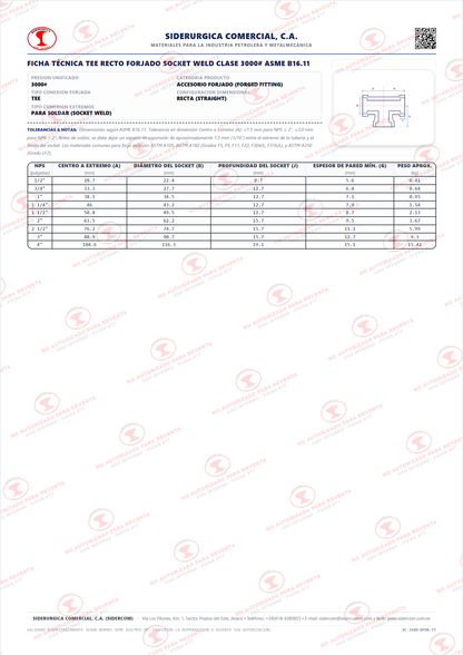 Tee Recta Socket Weld de 3", Acero al Carbono A105, Clase 3000, ASME B16.11