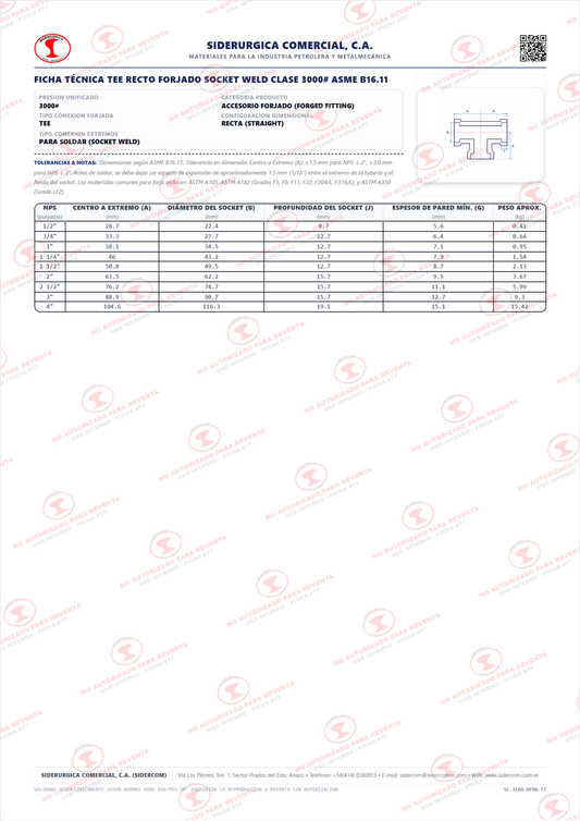 Tee Recta Mixta de 2", Acero al Carbono A105, Clase 3000#, Roscada (NPT) x Socket Weld (SW), ASME B16.11