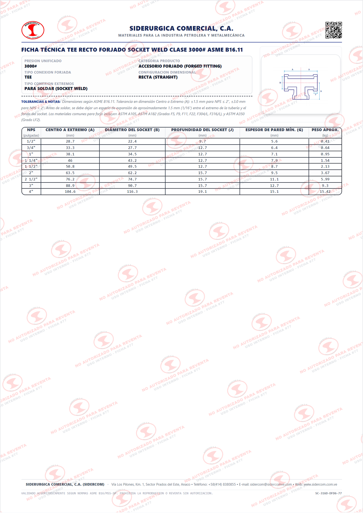 Tee Recta Socket Weld de 1 1/4", Acero al Carbono A105, Clase 3000, ASME B16.11
