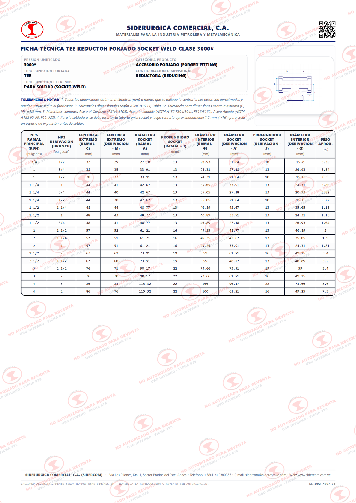 Tee Reductora de 1" x 1/2", Acero al Carbono A105, Clase 3000, Socket Weld (SW), ASME B16.11