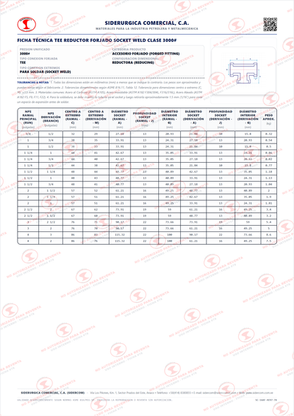 Tee Reductora de 1" x 1/2", Acero al Carbono A105, Clase 3000, Socket Weld (SW), ASME B16.11
