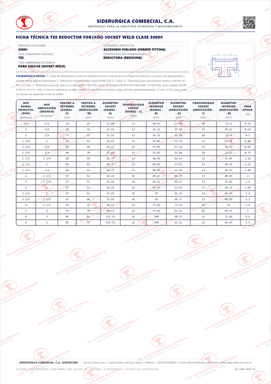 Tee Reductora de 1 1/2" x 1", Acero al Carbono A105, Clase 3000, Socket Weld (SW), ASME B16.11