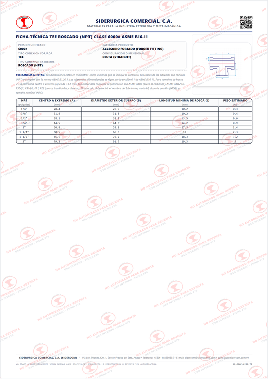 Tee Recta Roscada (NPT) de 1 1/2", Clase 6000, Acero al Carbono A105, ASME B16.11