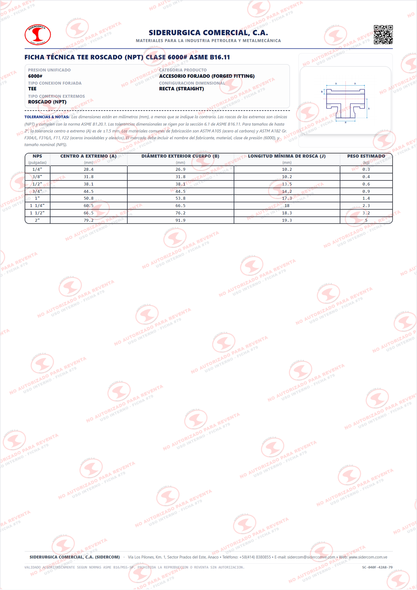 Tee Recta Roscada (NPT) de 3/4", Clase 6000, Acero al Carbono A105, ASME B16.11