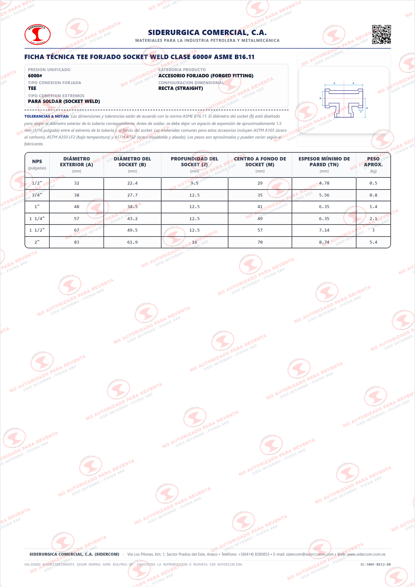 Tee Recta Socket Weld (SW) de 1 1/2", Acero al Carbono A105, Clase 6000, ASME B16.11