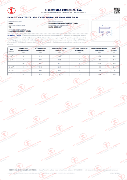 Tee Recta Socket Weld (SW) de 1 1/2", Acero al Carbono A105, Clase 6000, ASME B16.11