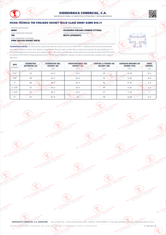 Tee Recta de 3/4", Acero al Carbono A105, Clase 6000#, Socket Weld (SW), ASME B16.11